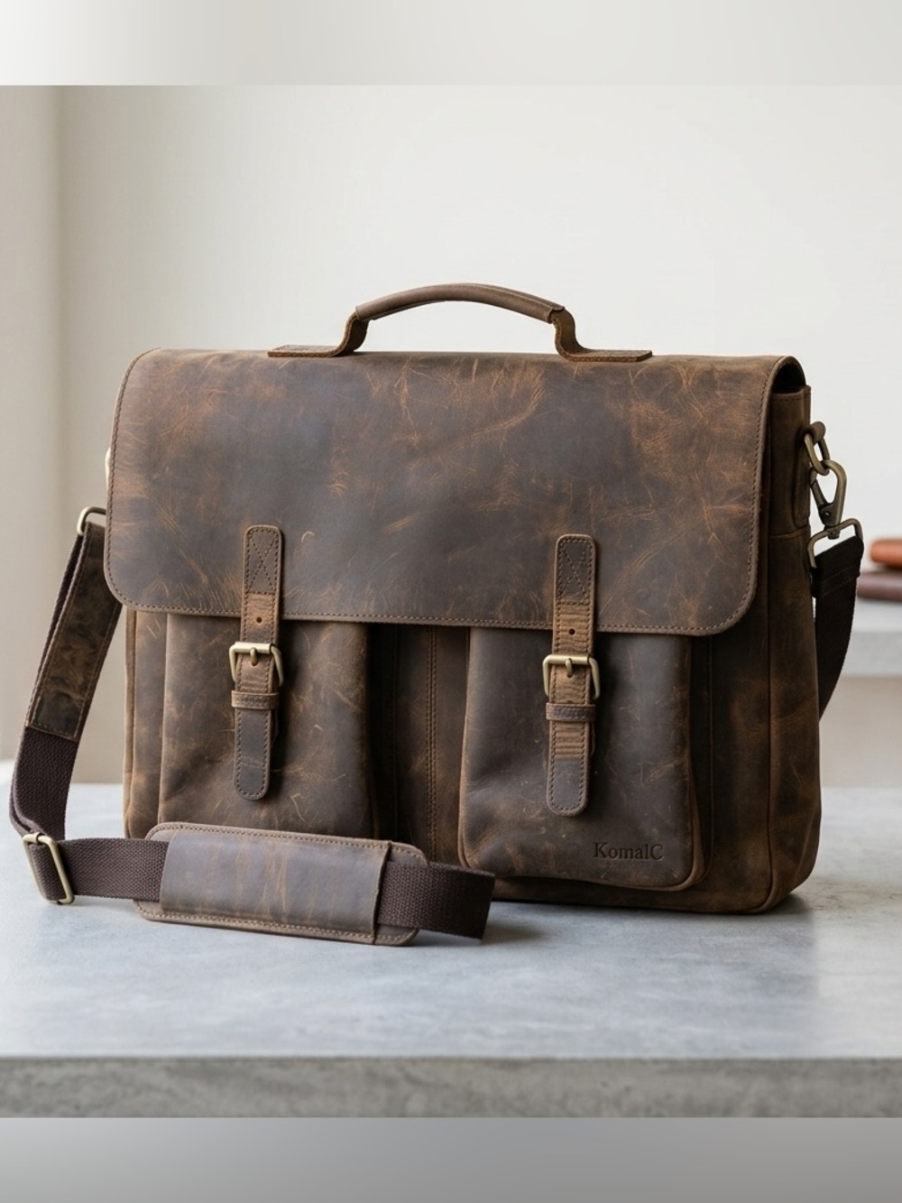 KomalC Genuine Leather Messenger Bag / Laptop Briefcase – Vintage Brown